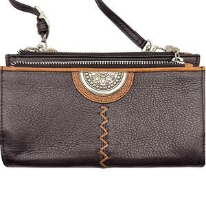 Brighton African Stories Shiloh Double Zip Brown Leather Wallet Crossbody